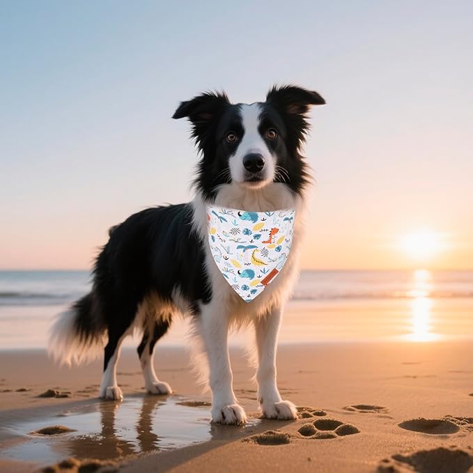 PTDECOR Dinosaurs Dog Bandana, Dinosaurs Design Reversible Pet Scarf Bib, Premium Durable Fabric, Adjustable White Green Bandanas for X-Large Dogs Pets (X-Large)