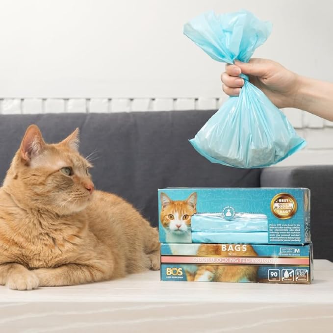 Best Odor-Sealing Cat Poop Bags, BOS for Pet Waste & Kitty Litter - Disposal Bags - Scent & Smell Free (90 bags) [Size: M, Color: Light blue] NOT a litter box liner (Pack of 1)