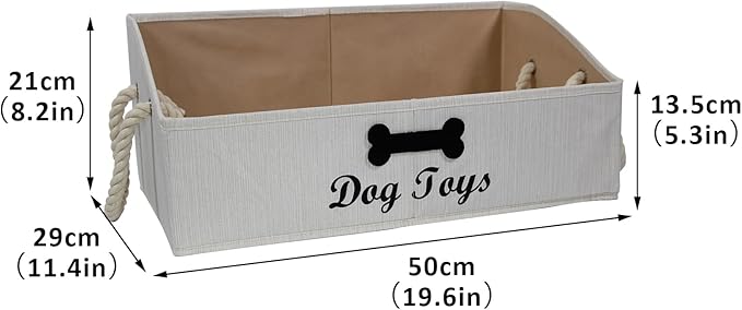 Trapezoid Fabric Dog Toy Basket with Rope Handle - Storage Organizer for Pet Toys - Personalizable - Beige