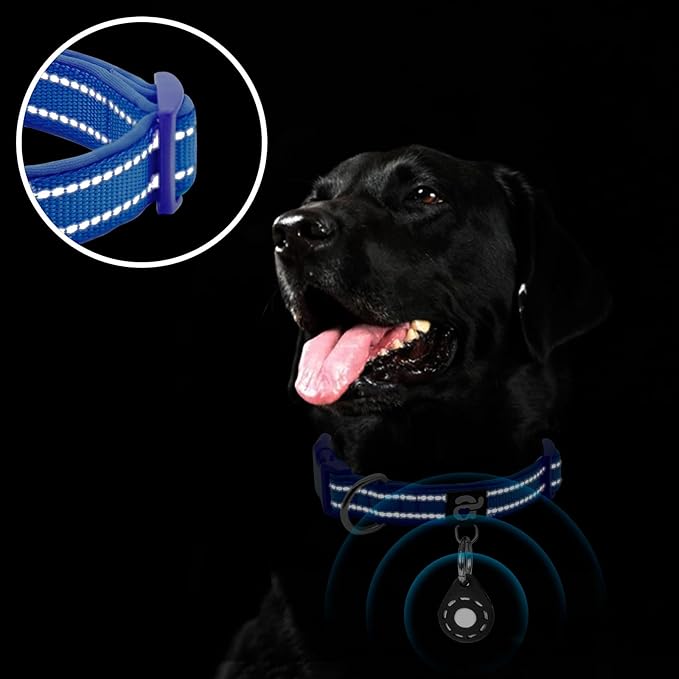 azuza Reflective Dog Collar with Airtag Holder, Soft Neoprene Padded Pet Collar with ID Tag Ring, Adjustable for Large Dogs,Royal Blue,L