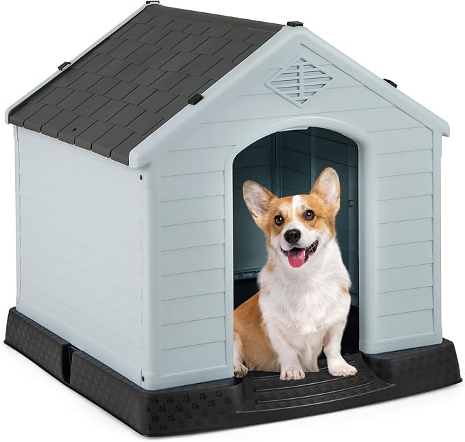 Giantex Dog House for Small Dogs, Waterproof Plastic Dog Houses with Air Vents and Elevated Floor, Easy to Assemble, Outdoor Cat Feeding Station Indoor Patio Backyard Dog Kennel House, Gray