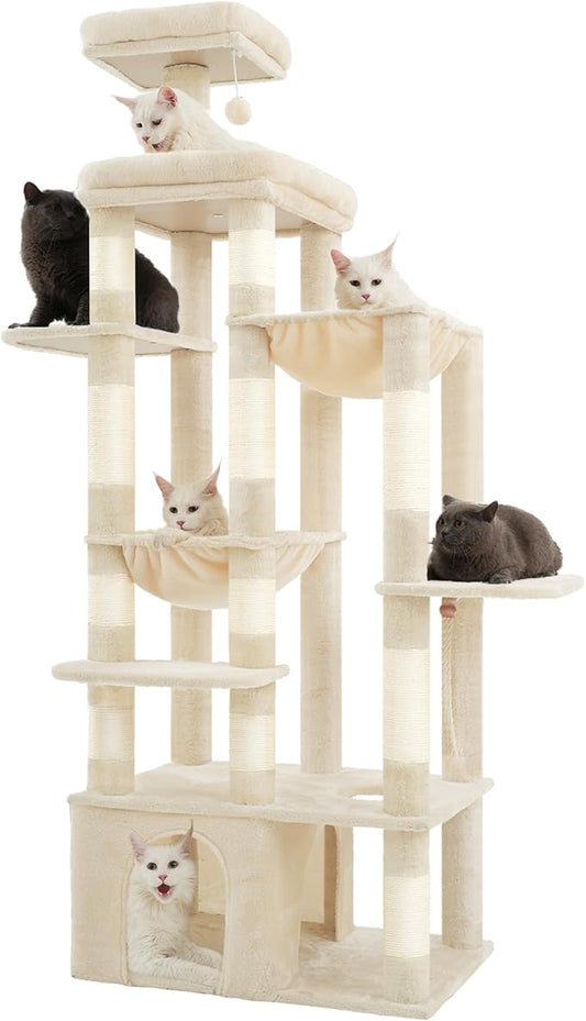 Heybly Cat Tree, 71-Inch Tall Cat Tower for Large Maine Coon Cats with Extra-Large Baseboard, Cat Condo Furniture with Multi-Level Platforms, 2 Hammocks and 12 Scratching Posts, Beige HCT037M