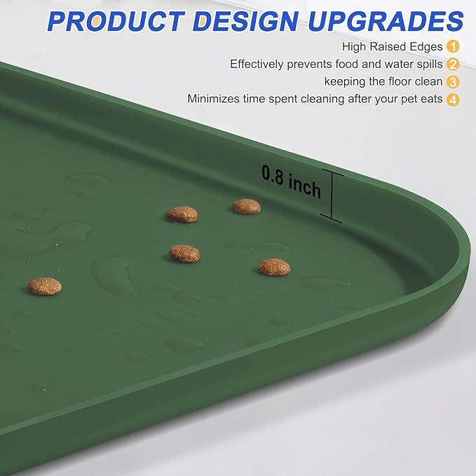 Silicone Pet Feeding Mat with Raised Edge for Food and Water, Dog Bowl Mats, Cat Bowls Placemat with High Lip for Floor Waterproof, Rubber Tray for Cats and Dogs 22 x 14 x0.8 Dark Olive