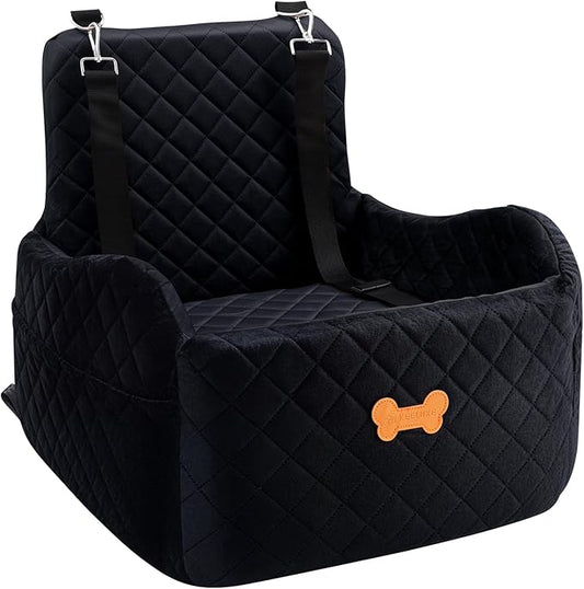 Dog Car Seat for Small Dogs, Dog Booster Seat Filling in Thick Memory Foam with 2 Safety Leashes and Storage Pocket, Suitable for Pet Under 30lb or 2 Puppies (Black)