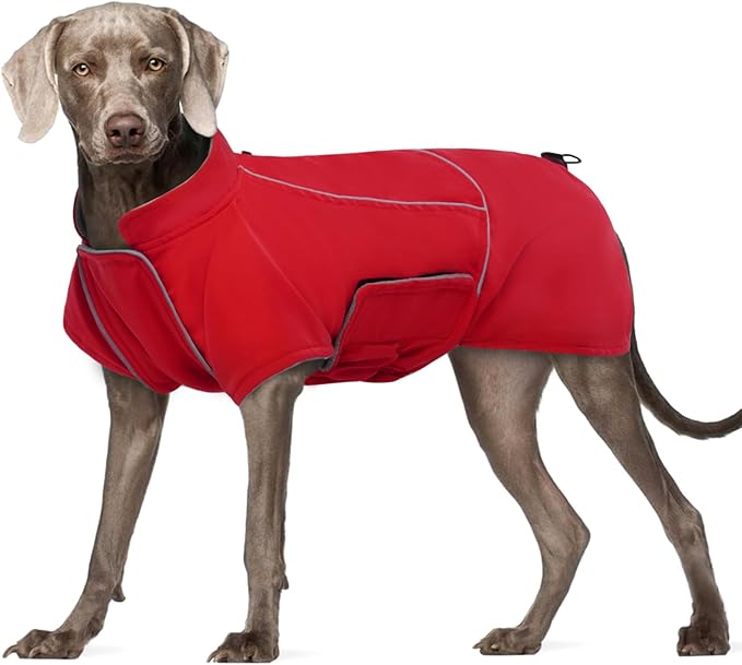 ROZKITCH Dog Jackets for Large Dogs, Coat with Harness Opening with Fleece Lining Reflective Strip for Extra Large Pet, Waterproof Adjustable Poncho Vest for Outdoor Hiking Travel Red 3XL