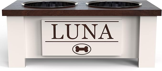 GrooveThis Woodshop - Personalized Elevated Dog Bowl Stand for Large, Medium, Small, X-Small Dogs - Stainless Steel Food and Water Bowls - Raised Dog Dish with Internal Storage (Small, Dark Walnut)