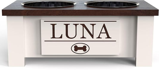 GrooveThis Woodshop - Personalized Elevated Dog Bowl Stand for Large, Medium, Small, X-Small Dogs - Stainless Steel Food and Water Bowls - Raised Dog Dish with Internal Storage (Small, Dark Walnut)
