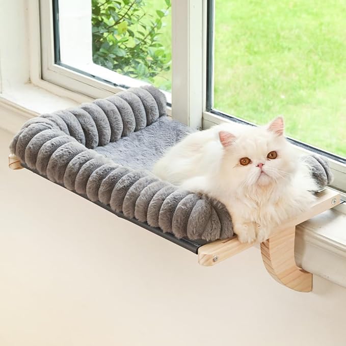 Cloud-Soft Cat Window Sill Perch with Zipper Designed Cushioned Bed, Supportive Cat Window Seat with Premium Solid Wood & Sturdy Metal Frame, Pet Hammock Bed for Large Cats (Large, Gray)
