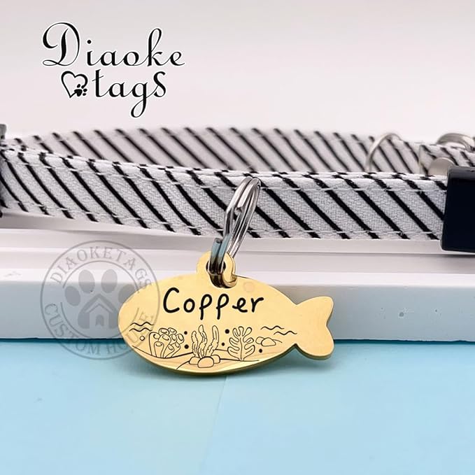 Stainless Steel Cat ID Tag Personalized Pet Tags with up to 4 Lines of Custom Text, Small Pet Mini Dog Cat Tag Lightweight, Engraved on Both Sides, Multiple Patterns Colors Size Options (Benthos)