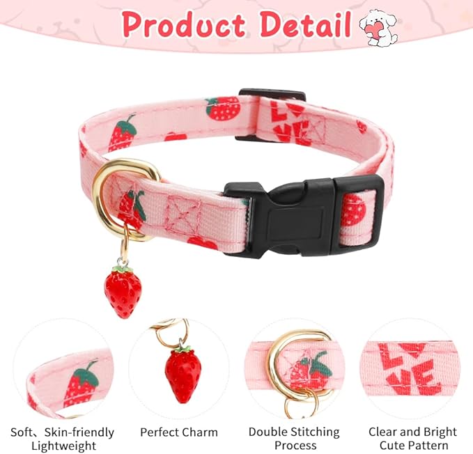 Cute Cotton Dog Collar for Small Medium Large Dogs Special Design with Cute Pink Strawberries Pendant Necklace for Girl Boy Male Female Dogs Pet Collar Soft Fabric Adjustable Puppy Collars Red - M