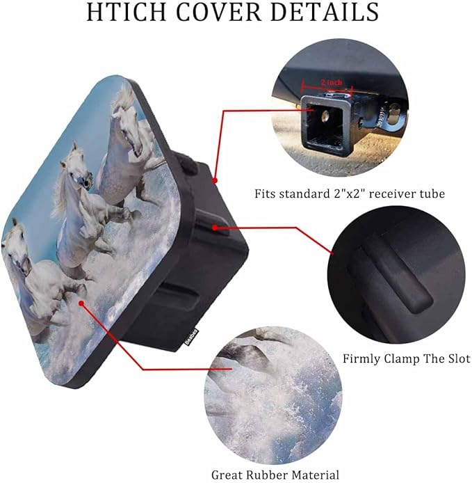 Horse Tow Trailer Hitch Cover Plug Insert - Running Horse Receiver Compatible With Most Auto Cars Trucks for 2 Inch Receivers - White Horses Ocean Sea Design