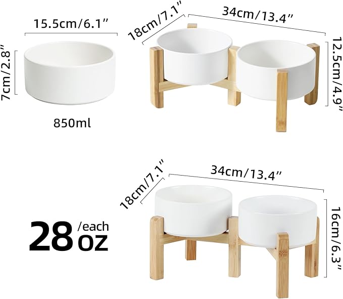 Ceramic Raised Double Bowls Set with Stand, 2 Heights Elevated, Food & Water Bowls for Small Breed Dogs, Weighted Dog Dishes, Pet Bowl(6.1'',28.7oz, White)