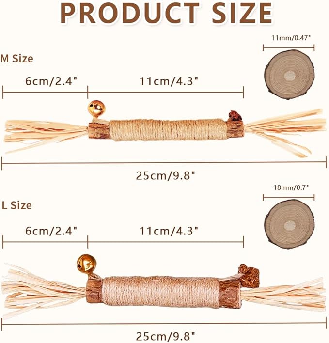 Natural Dried Matatabi Cat Chew Stick with Gall Fruit, Raffia Grass & Bell Cat Ball Toys, Handmade Silvervine Sticks Interactive Catnip Toys for Teething & Entertainment (Size L Color B)