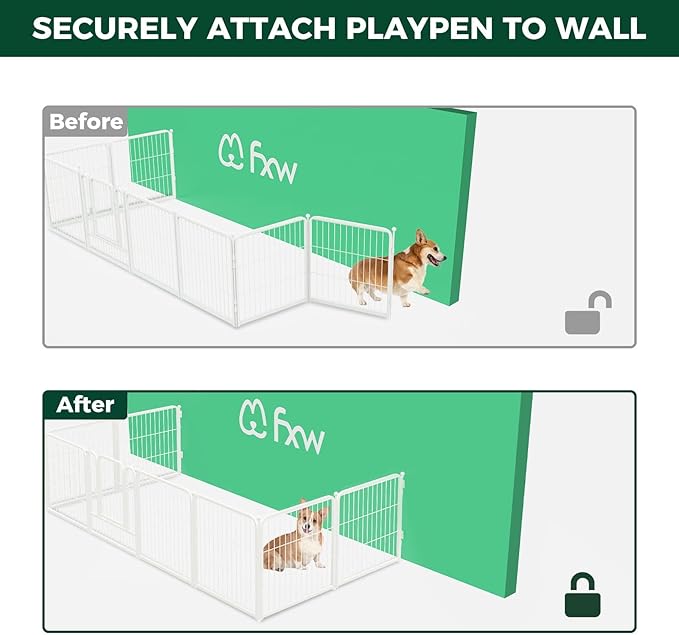 FXW Homeplus Unleashed Indoor Dog Playpen - Stress-Free and Safe Play, Heavy Duty 45 Inch 8 Panels with Fence-to-Wall Anchor (Pack of 4) for Large Dogs, White│Patented