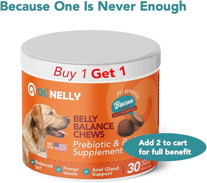 Ol'Nelly Pre & Probiotics for Dogs- 30 Soft Chews (Bacon) - Daily Dog Probiotics for Digestive & Gut Health - Diarrhea, Gas & Constipation Relief -All Ages and Breeds - Probioticos Perros Chewable
