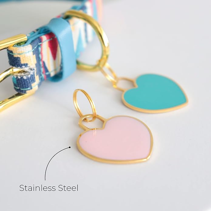 Custom Heart Shape Pet Tag ID, Personalized Gold Stainless Steel Cute Shiny Safety Lost Collar Tag for Boy & Girl Dogs Puppies Cats with Ring Laser Engraved SOS Customizable with Name, Phone, Address