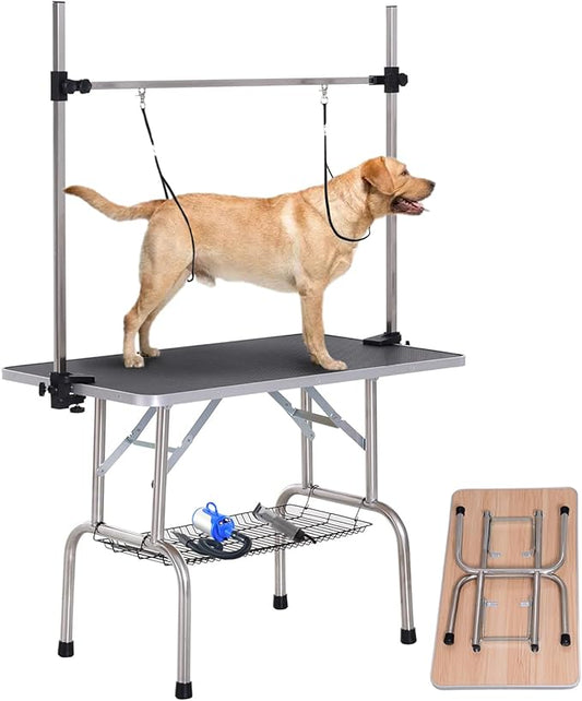 Large Dog Pet Grooming Table, Professional Adjustable Cat Drying Table, Foldable Trimming Station with Arms, Nooses, Mesh Tray, Maximum Capacity Up to 330lbs, 46''/Black