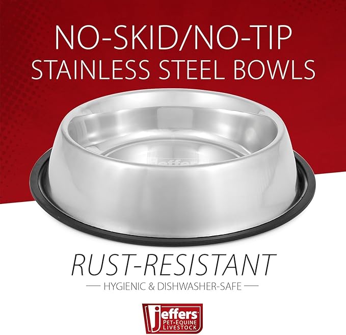 Jeffers No Skid No Tip Stainless Steel Pet Bowls for Dogs & Cats - Non-Slip Food & Water Feeder Dish with Black Rubber Base, Durable Easy to Clean Feeding Bowl for Indoor & Outdoor Use - 3 Quart