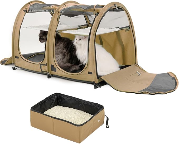 porayhut Mispace Portable Twin Compartment Show House Cat Cage/Condo - Easy to Fold & Carry Kennel - Comfy Puppy Home & Dog Travel Crate with Portable Carry Bag/Hammocks/Mats and Litter Box