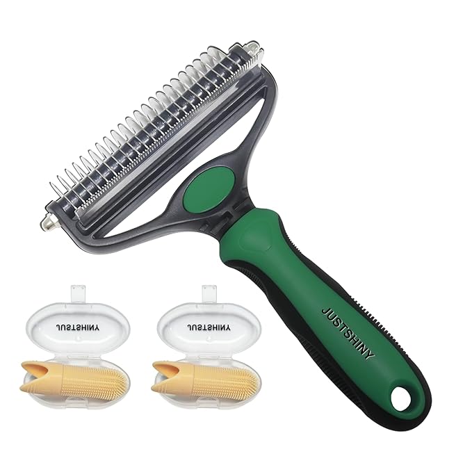 Pet Grooming Set – 1 Brush + 2 Toothbrushes (Soft & Finger) for Dogs & Cats(Green Handle)