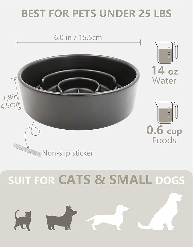 Ceramic Slow Feeder Dog Bowls, 0.6 Cup Slow Feeder for Small Dogs and Cats, Puzzle Maze Bowl, Prevents Choking, 6in, Black