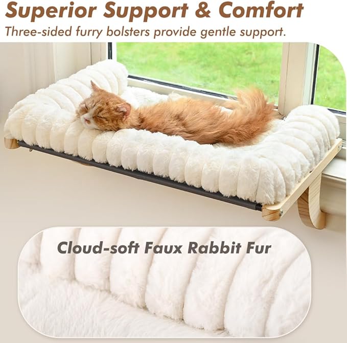 Cloud-Soft Cat Window Sill Perch with Zipper Designed Cushioned Bed, Supportive Cat Window Seat with Premium Solid Wood & Sturdy Metal Frame, Pet Hammock Bed for Large Cats (Medium, White)