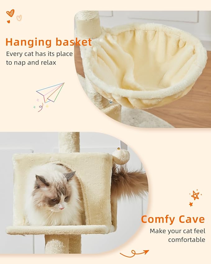 Taoqimiao Cat Tree,49-Inch Cat Tower for Indoor Cats,2 Luxurious cat condo with Adjustable Large Hanging Baskets and Large Luxurious Perch Beige MS029LM