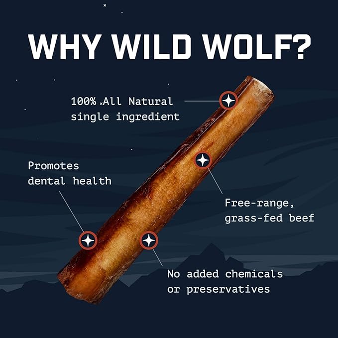 Wild Wolf 12-inch Angus Bully Sticks (1.5 Pounds) Healthy, All-Natural, Long-Lasting Dog Chew Bones - Low Odor - Mixed Thickness - Lab-Tested, Hand-Inspected and Packed with Love in The USA