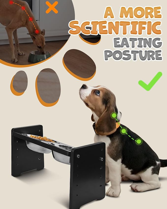 Elevated Dog Bowls, Adjustable Raised Dog Bowl Stand for Small Size Dogs and Cats, Durable Bamboo Dogs Feeder with 2 Stainless Steel Bowls and Non-Slip Feet, Pet Food Bowl for Small Sizes