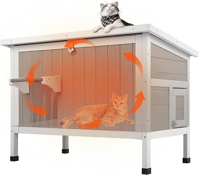 PetsCosset Insulated Cat House Outdoor Weatherproof Feral Cat Shelter for Winter, All-Round Foam Insulation Wooden Pet House for Small Animals with Escape Door,Openable Roof(34.5"L x 21.7"W x 25.6"H)