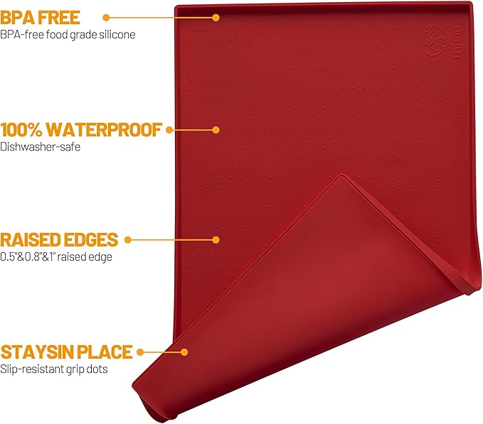 Hubulk Dog Feeding Mat,100% Waterproof Food Grade Silicone Pet Food and Water Bowl Placemat,Dishwasher, High Raised Edge to Prevent Spills,Nonslip Tray to Stop Messes on Floor (32"x24"x1.0", Red)