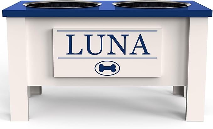 GrooveThis Woodshop - Personalized Elevated Dog Bowl Stand for Large, Medium, Small, X-Small Dogs - Stainless Steel Food and Water Bowls - Raised Dog Dish with Internal Storage (Large, Blue)