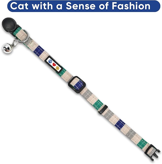 Pawtitas Multicolor Cat Collar Kitten Collar with Safety Buckle and Removable Bell - Blue/Grey/Beige/Green
