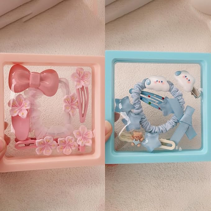 Hair Clips for Women, Acrylic Resin Hair Accessories set with Hairbands Colored Hair Ties, Flower, Rainbow, Little Bear Clips Cute pattern for Birthday Prom Cosplay Party (blue Cloud pink flower)