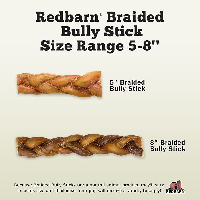 Redbarn Pet Products All Natural 5"-8" Braided Bully Sticks for Small & Large Dogs - Healthy Long Lasting Beef Chews Variety Party Pack - Single Ingredient Low Odor Rawhide Free - 8 oz Bag