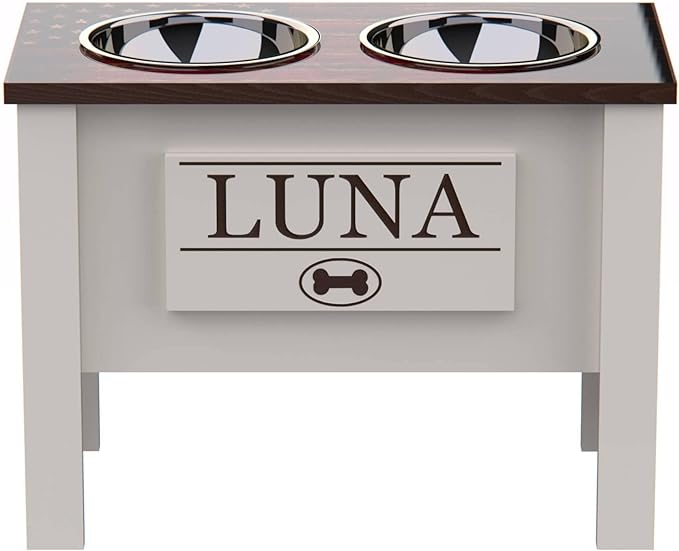GrooveThis Woodshop - Personalized Elevated Dog Bowl Stand for Large, Medium, Small, X-Small Dogs - Stainless Steel Food and Water Bowls - Raised Dog Dish (X-Large, Flag Design)