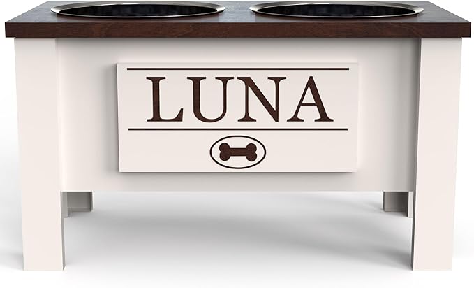 GrooveThis Woodshop - Personalized Elevated Dog Bowl Stand for Large, Medium, Small, X-Small Dogs - Stainless Steel Food and Water Bowls - Raised Dog Dish with Internal Storage (Large, Dark Walnut)