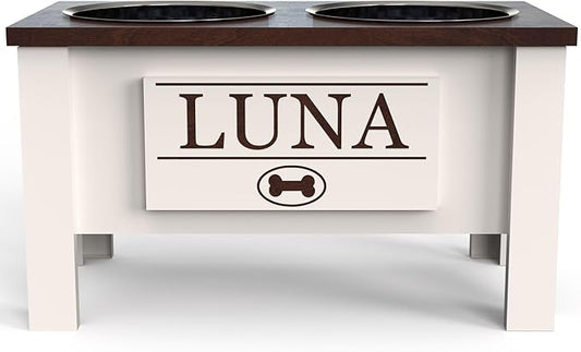 GrooveThis Woodshop - Personalized Elevated Dog Bowl Stand for Large, Medium, Small, X-Small Dogs - Stainless Steel Food and Water Bowls - Raised Dog Dish with Internal Storage (Large, Dark Walnut)