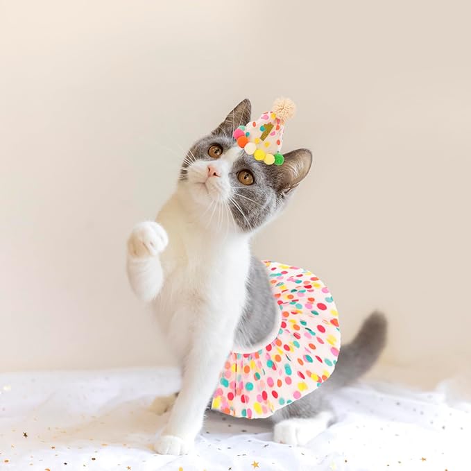 PTDECOR Cat Birthday Party Supplies, Hat with Numbers and Colourful Dots Tulle Tutu Bib Bandana Pet Decorations for Cat Kitten Birthday Outfits