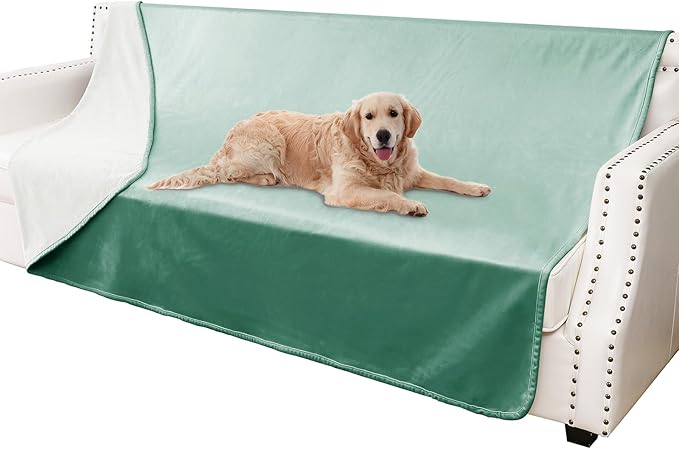 Waterproof Dog Blankets, Washable Pee Proof Pet Blanket for Couch, Soft Reversible Puppy Throw Furniture Protector Cover for Bed Sofa-68"x82",Green+Cream