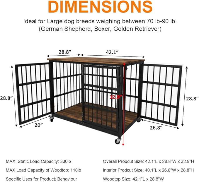 48"/42"/33" Dog Crate Furniture, Heavy Duty Dog Kennel Indoor for Large Dogs, Escape-Proof and Chew-Proof Wooden Dog Cage for high Anxiety Dog, Decorate House as TV Stand, End Table