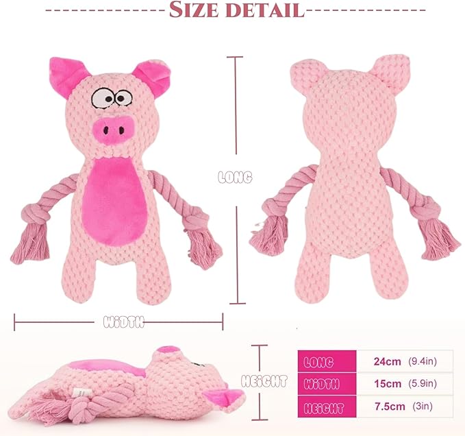 Cotton Rope Squeaky Dog Toy with Crinkle Paper – Interactive Plush Chew Toy for Small & Medium Puppies, Pig Design