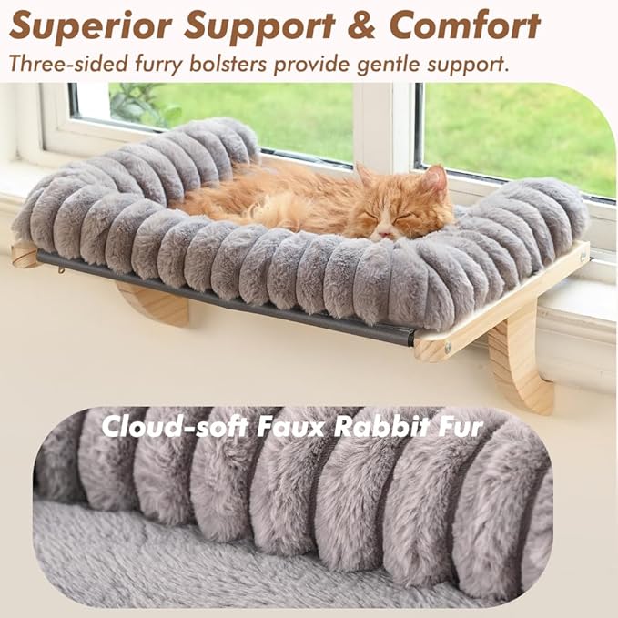 Cloud-Soft Cat Window Sill Perch with Zipper Designed Cushioned Bed, Supportive Cat Window Seat with Premium Solid Wood & Sturdy Metal Frame, Pet Hammock Bed for Large Cats (Medium, Gray)