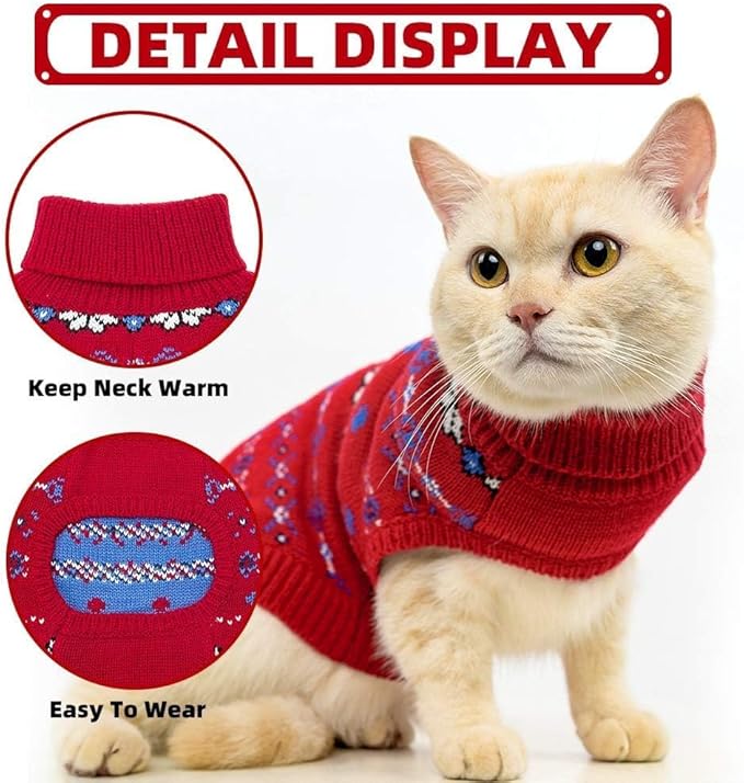 BINGPET Cat Clothes Turtleneck Knitted Sleeveless Sweater, Cute Kitten Puppy Apparel with Snow Pattern, Sphynx Cat Clothes for Cold Weather (Red, Small)