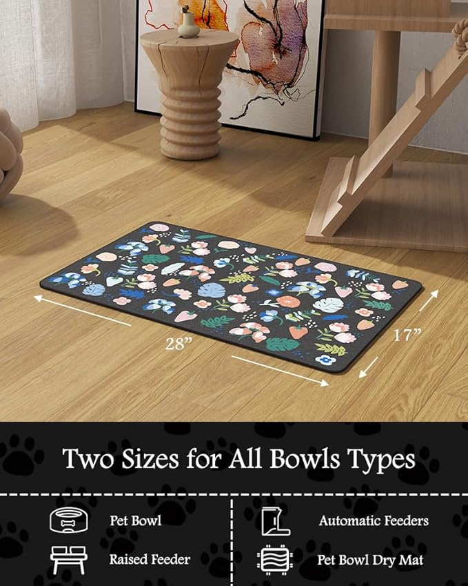 Pet Feeding Mat-Absorbent Dog Mat for Food and Water Bowl-No Stains Quick Dry Water Dispenser Mat-Dog Accessories Pet Supplies-Bowl for Messy Drinkers（DARKFLOWERS,17"x28"