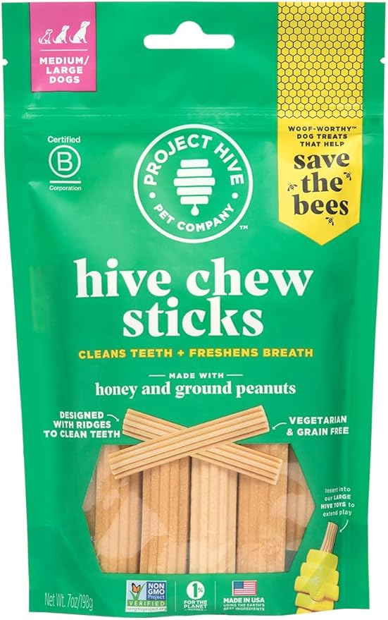 Dental Treats for Dogs Ñ Healthy, Non-GMO Project Verified, Natural Peanut Butter Flavored, Natural, Vegetarian Chews, Made in The USA (Chew Sticks, Large Breeds)