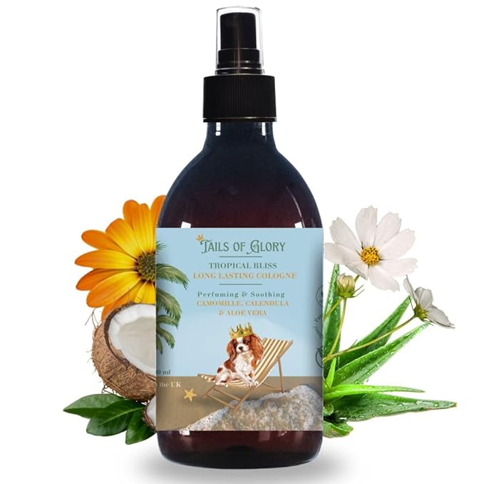 -100% Natural Dog Cologne Spray - Tropical Bliss Dog Perfume - Calming- Vegan - Chamomile, Calendula & Aloe Vera calming - Pet Deodorizing Spray - Made in the UK - 10 Fl Oz