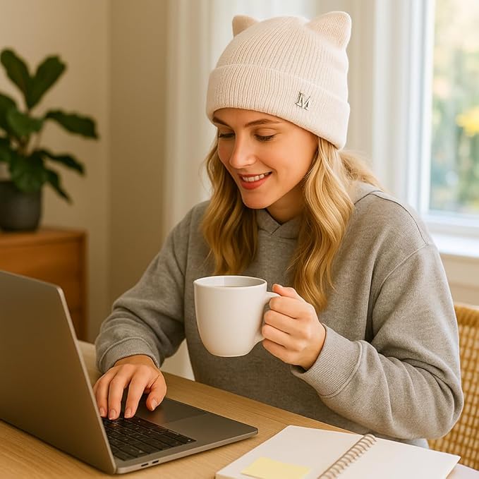 Cat Ear Beanie for Women Girls, Autumn Winter Knit Cuff Beanie Hip Hop Beanie Hat Cat Crochet Ski Cap