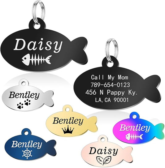 Stainless Steel Cat ID Tag Personalized Pet Tags with up to 4 Lines of Custom Text, Small Pet Mini Dog Cat Tag Lightweight, Engraved on Both Sides, Multiple Patterns Colors Size Options (Icon)
