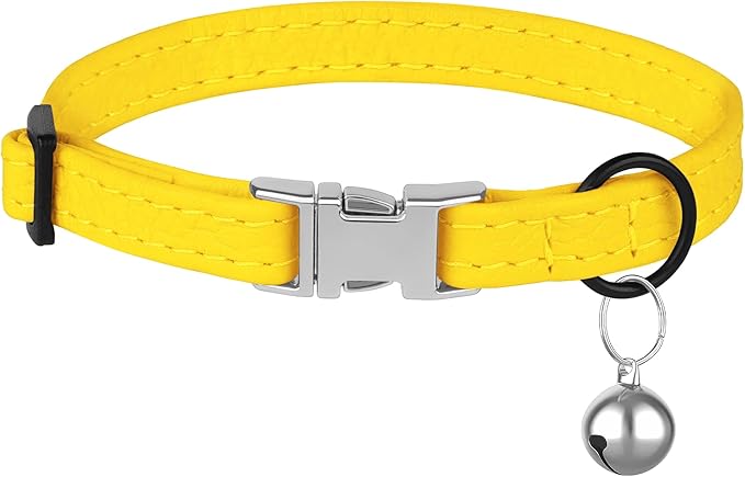 Leather Cat Collar with Buckle and Removable Bell - Non Breakaway Adjustable Soft Safety Small Pet Collars for Girl Boy Cats Kitten (Yellow)